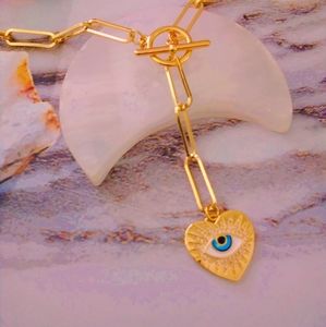 GoldFilled Paperclip Chain Necklace EVIL EYE Charm